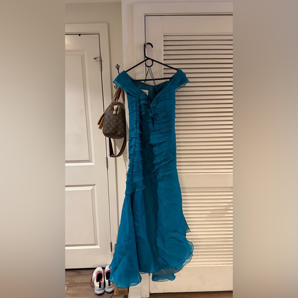 LianCarlo Couture Teal Off-Shoulder Dress